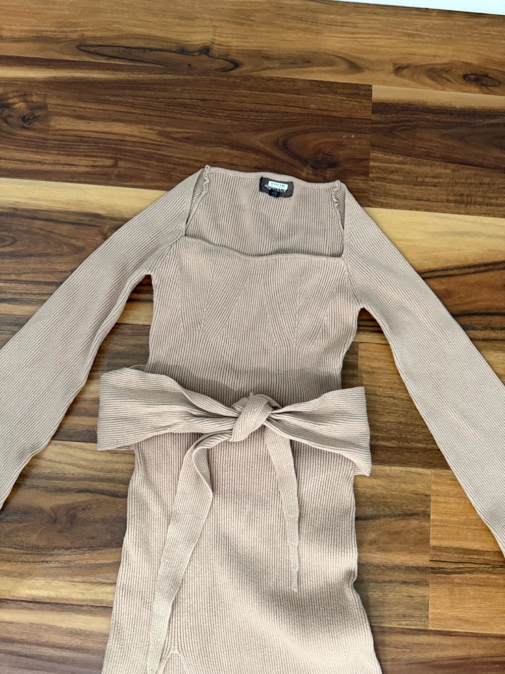 Beige Ribbed Knit Belted Long Sleeve Dress